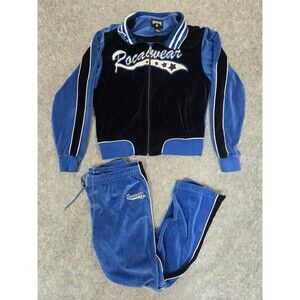 Rocawear Velour Velvet Tracksuit  Blue White Jacket Pants Women’s Sz L Vintage